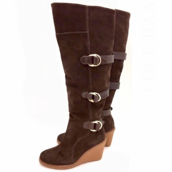 COLE Haan Michelle Belted Suede Fur Cuffs Knee High Wedge Boot Brown Size 5 - Picture 4 of 9